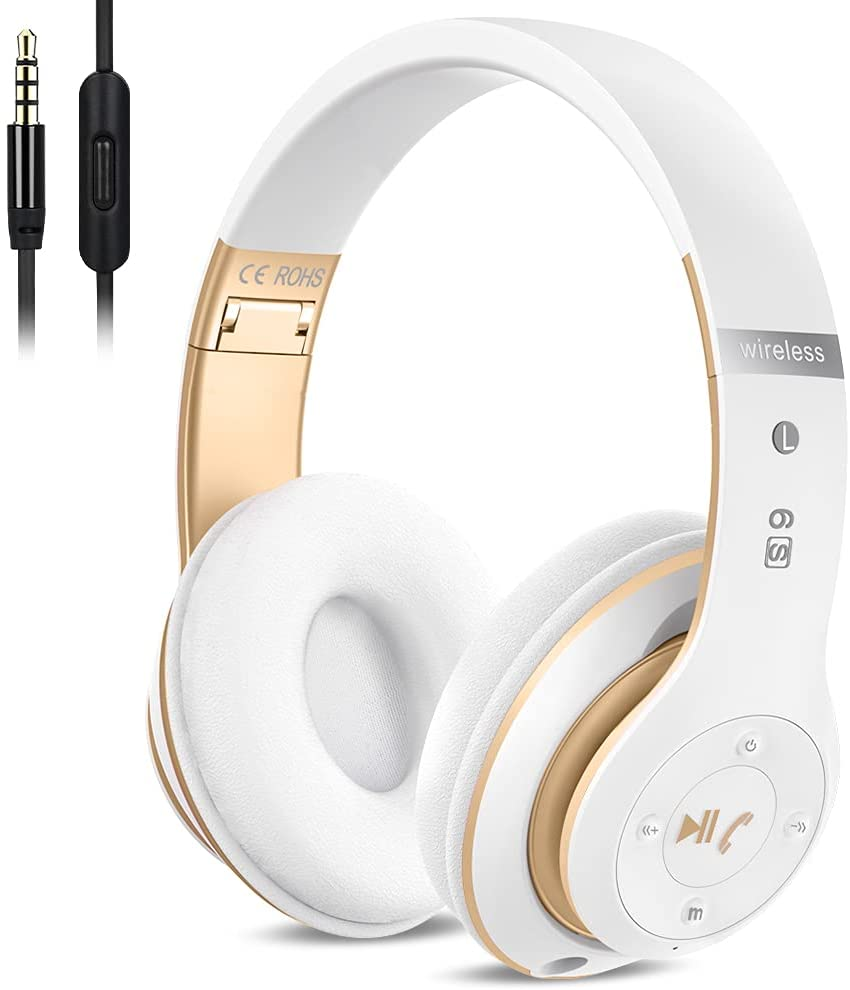 6S Wireless Bluetooth Headphones over Ear, Hi-Fi Stereo Foldable Wireless Stereo Headsets Earbuds with Built-In Mic, Volume Control, FM for Phone/Pc (Black & Gold)
