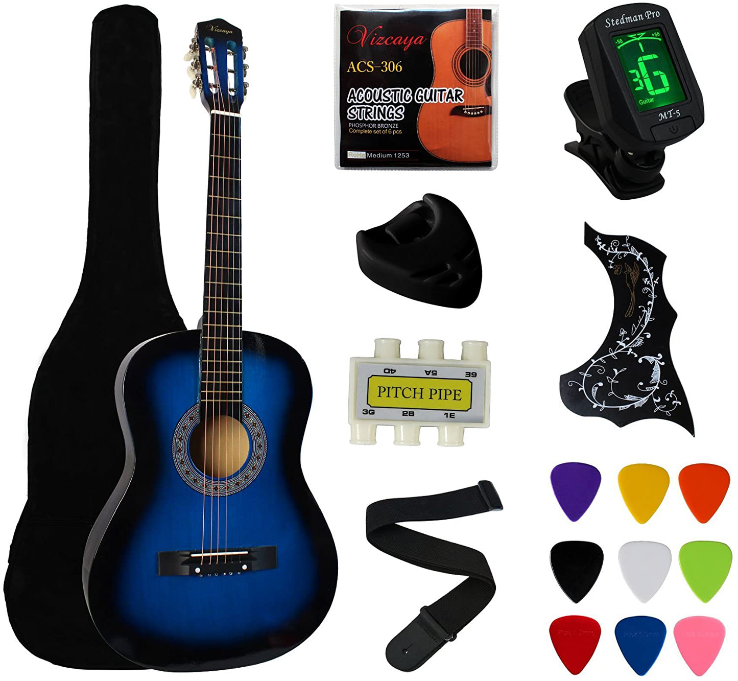 YMC 38" Blue Beginner Acoustic Guitar Starter Package Student Guitar with Gig Bag,Strap, 3 Thickness 9 Picks,2 Pickguards,Pick Holder, Extra Strings, Electronic Tuner