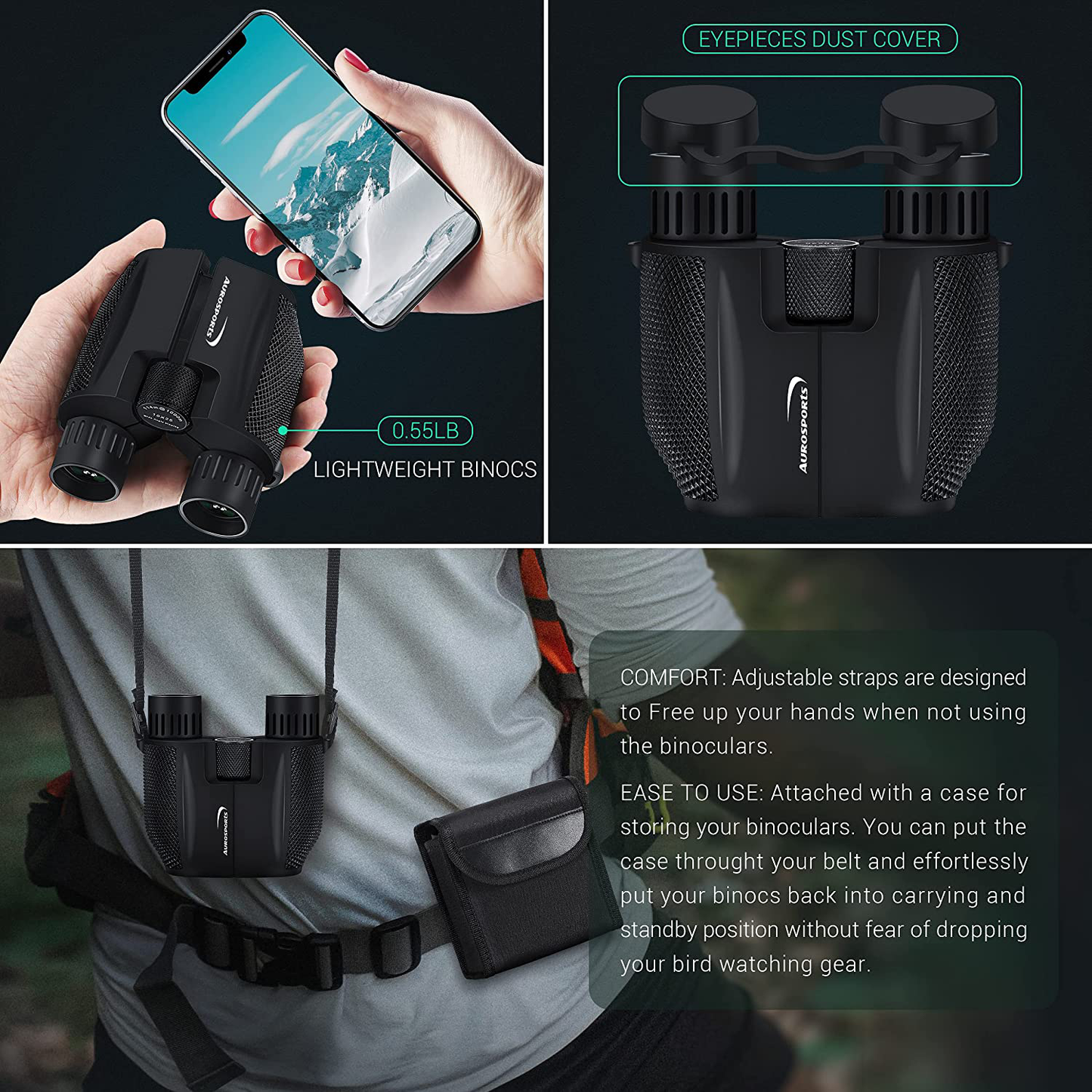 Aurosports 10x25 Binoculars for Adults and Kids, Folding Compact Binocular with Weak Light Vision, Lightweight Small Binoculars for Bird Watching, Travel, Concerts, Hunting, Hiking