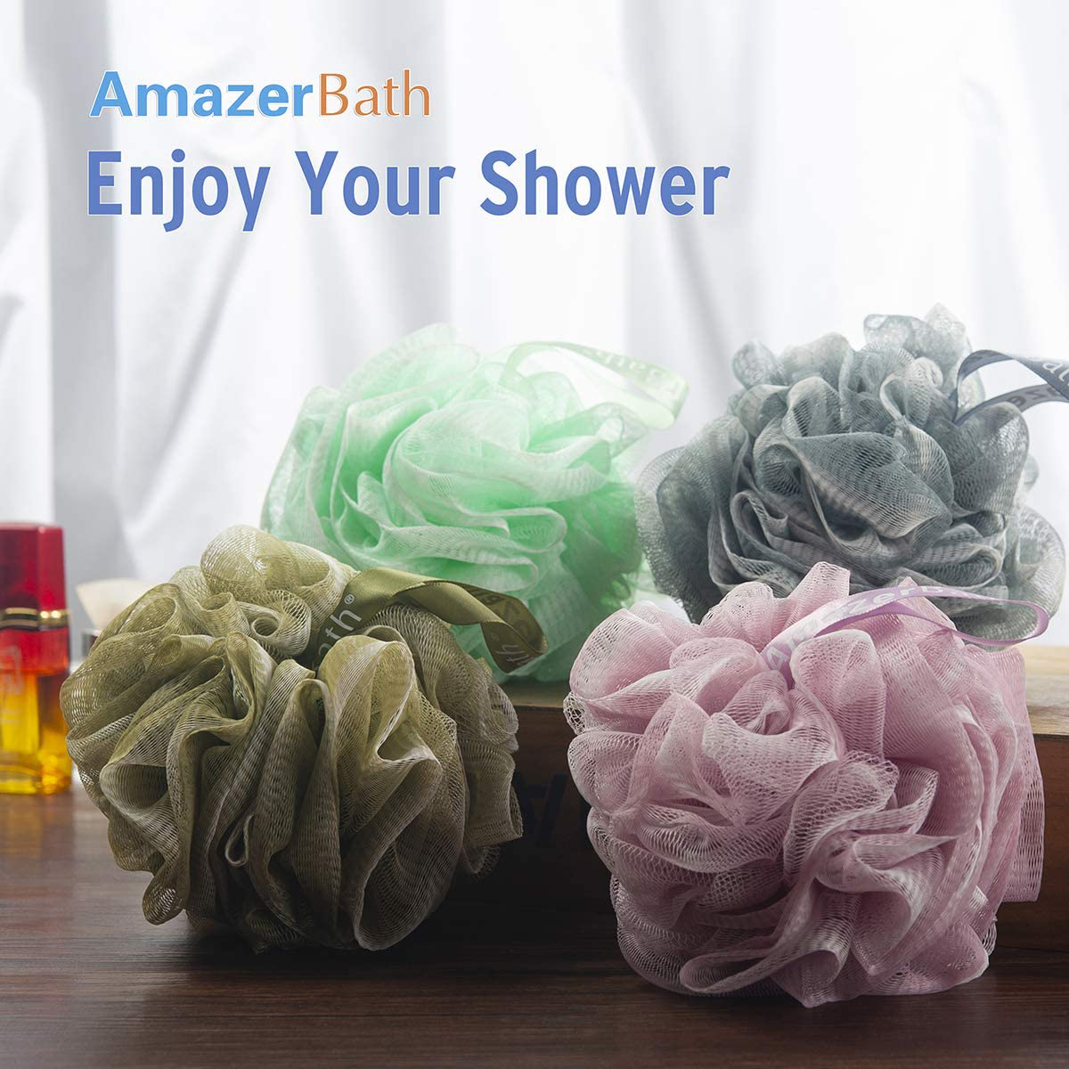 AmazerBath Shower Bath Sponge Shower Loofahs Balls Body Wash Bathroom Men Women- Set of 4