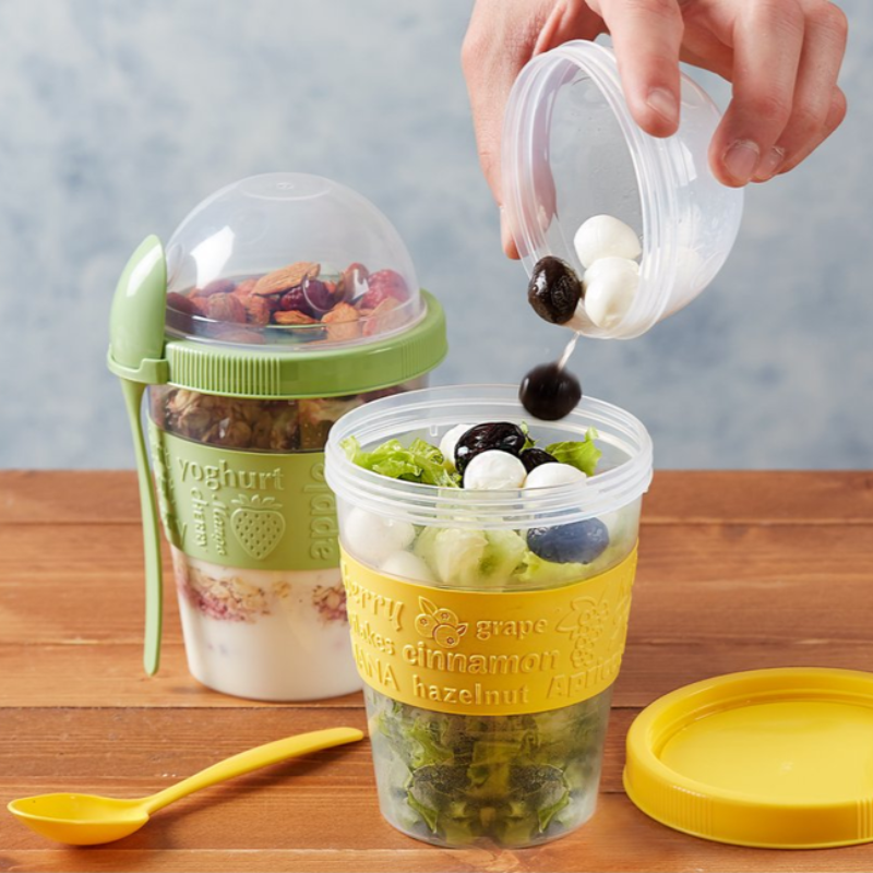 2 Pack Yogurt Parfait Cups with Lids, Breakfast on the Go Plastic Bowls with Topping Cup & Spoon