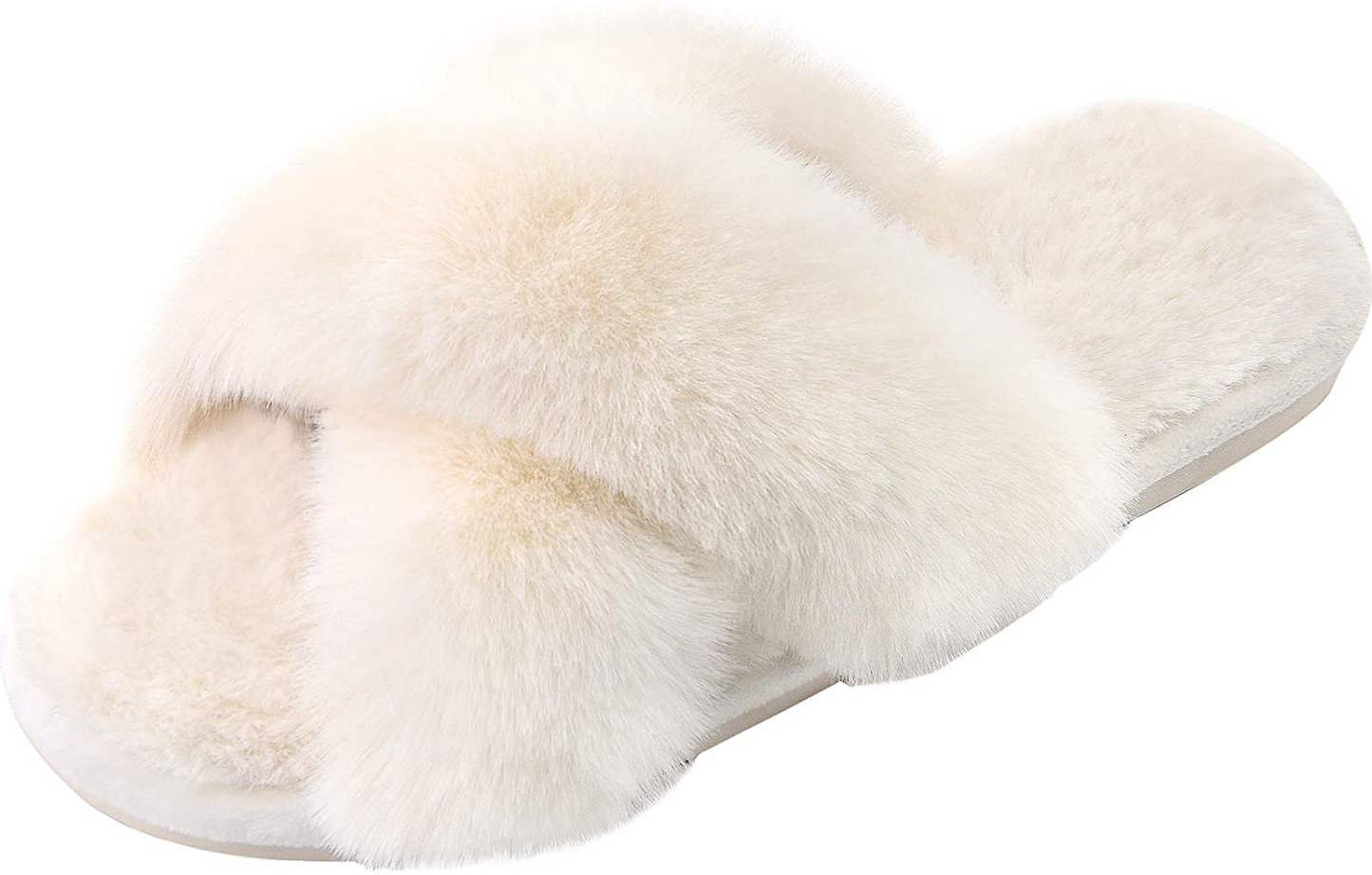 Women'S Cross Band Slippers Soft Plush Furry Cozy Open Toe House Shoes Indoor Outdoor Faux Rabbit Fur Warm Comfy Slip on Breathable