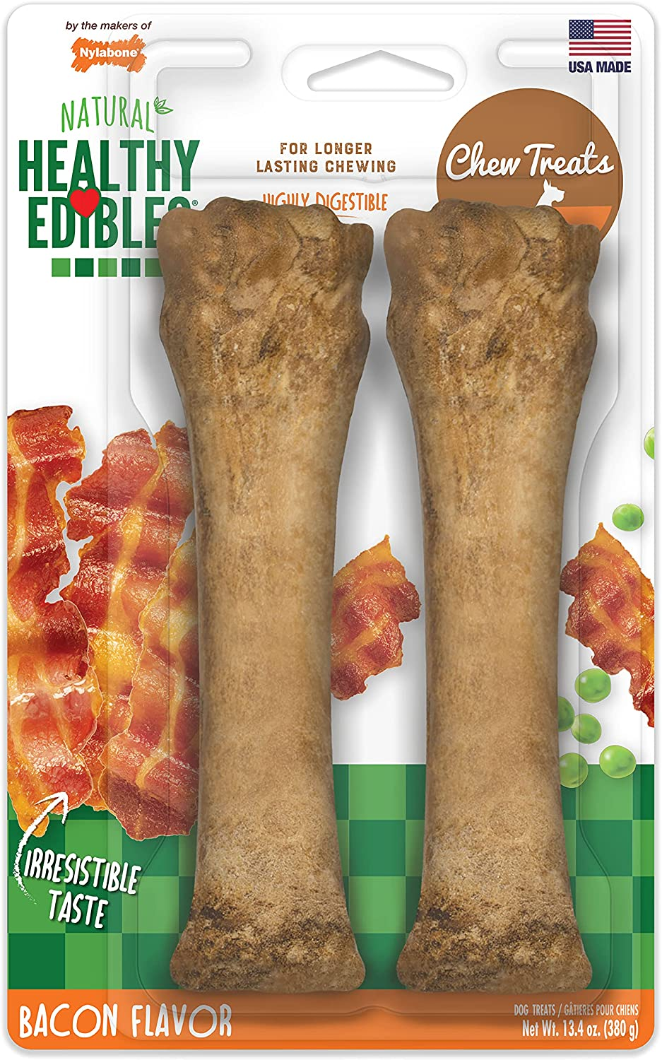 Nylabone Healthy Edibles All-Natural Long Lasting Bacon Flavor Chew Treats 3 Count Bacon Small/Regular