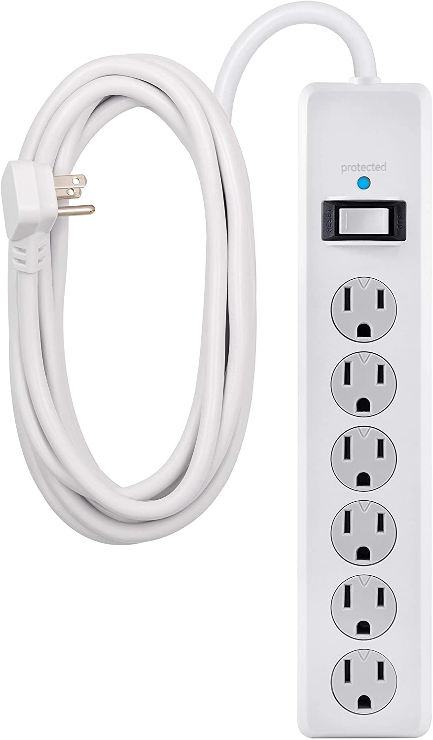 GE 6 Outlet Surge Protector, 10 Ft Extension Cord, Power Strip, 800 Joules, Flat Plug, Twist-to-Close Safety Covers, White, 14092