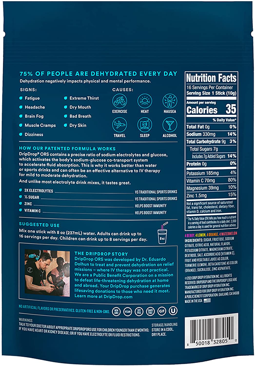 Dripdrop ORS - Electrolyte Powder for Dehydration Relief Fast - for Workout, Sweating, Heat, & Travel Recovery