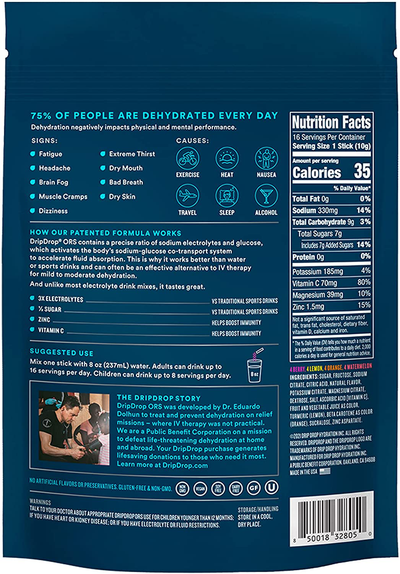 Dripdrop ORS - Electrolyte Powder for Dehydration Relief Fast - for Workout, Sweating, Heat, & Travel Recovery