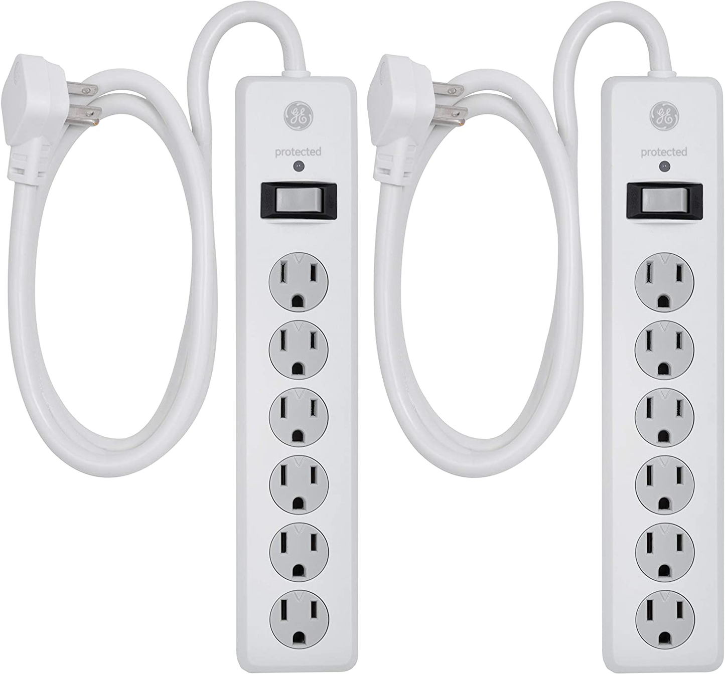 GE 6 Outlet Surge Protector, 10 Ft Extension Cord, Power Strip, 800 Joules, Flat Plug, Twist-to-Close Safety Covers, White, 14092