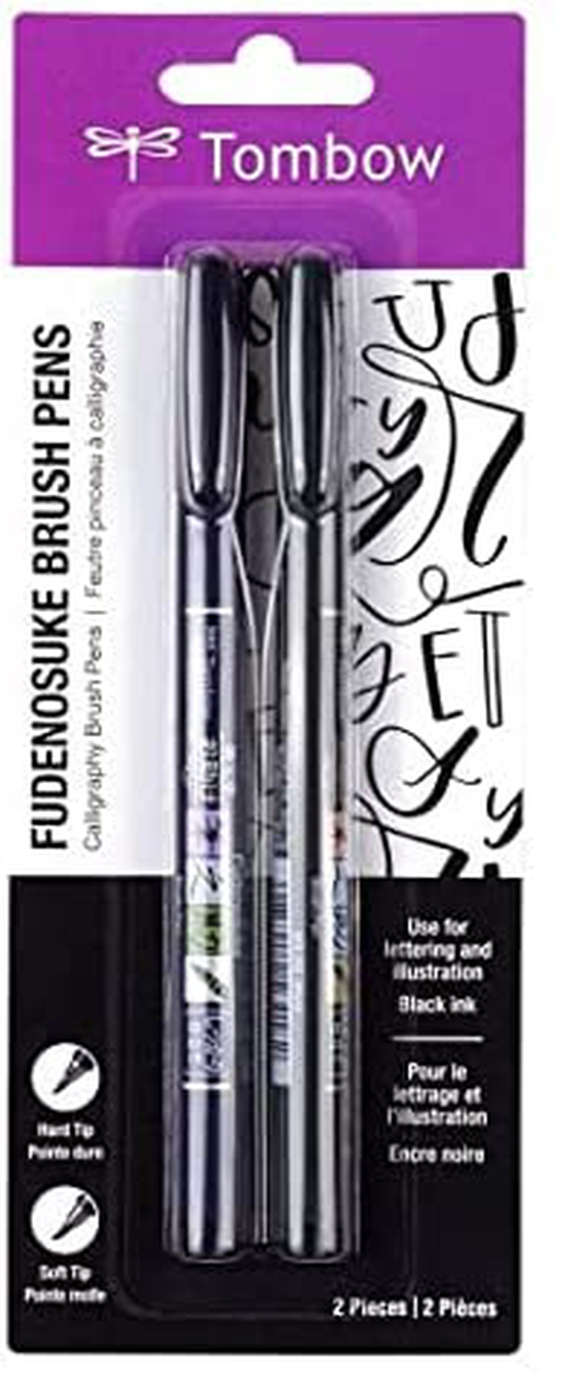 Tombow 62038 Fudenosuke Brush Pen, 2-Pack. Soft and Hard Tip Fudenosuke Brush Pens for Calligraphy and Art Drawings