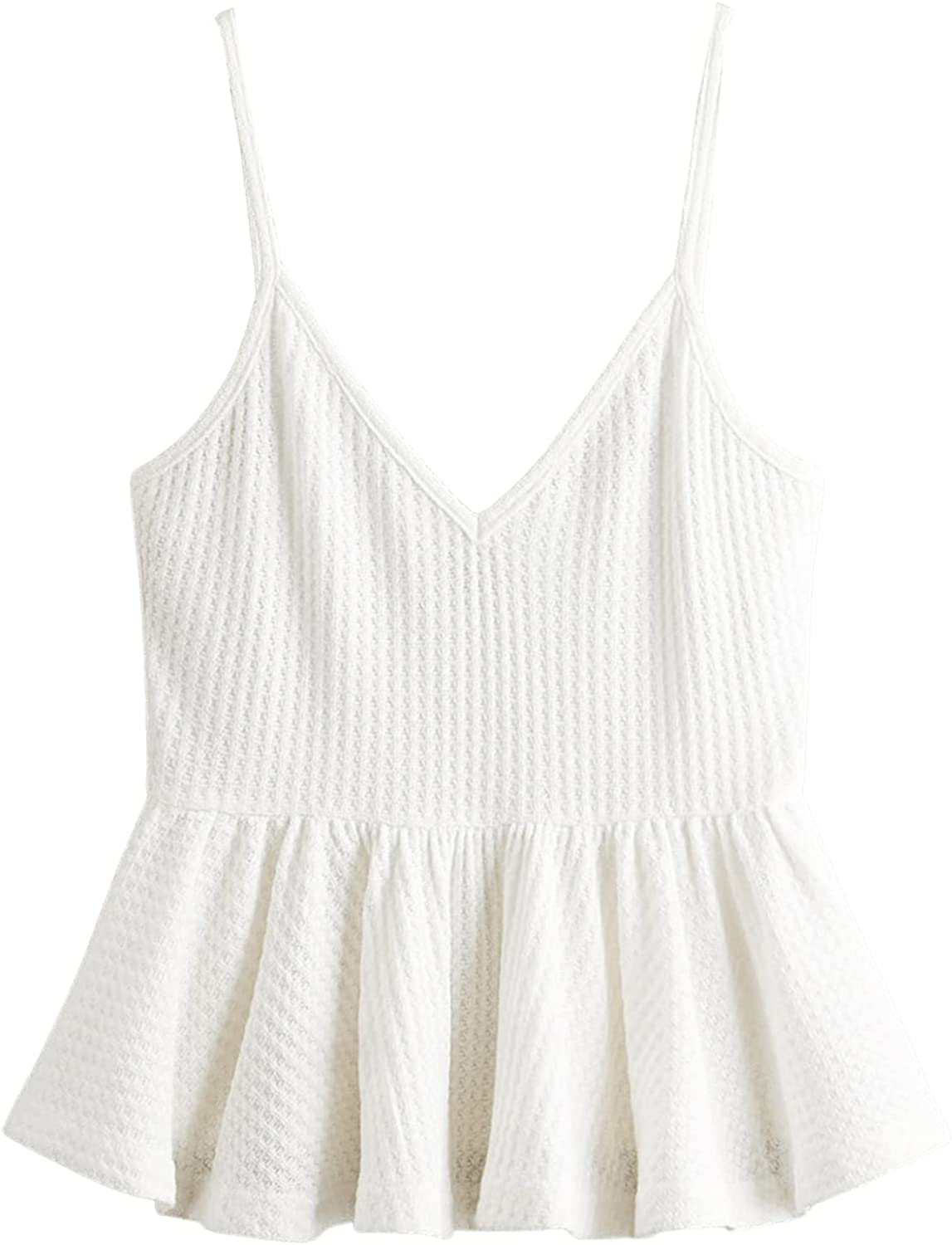 SweatyRocks Women's Casual Knit Top Sleeveless Ruffle Hem V Neck Peplum Crop Tank Top
