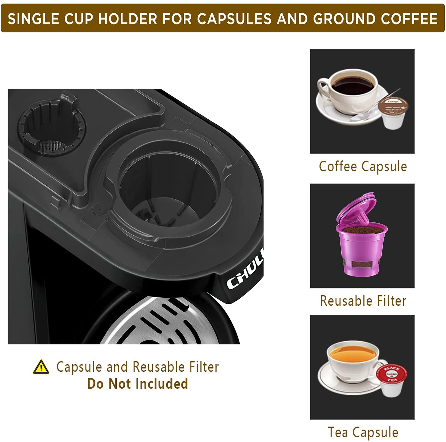 CHULUX Single Serve Coffee Brewer for Pod Capsule with 12 Ounce Built-in Water Tank,800 Watts,Gray