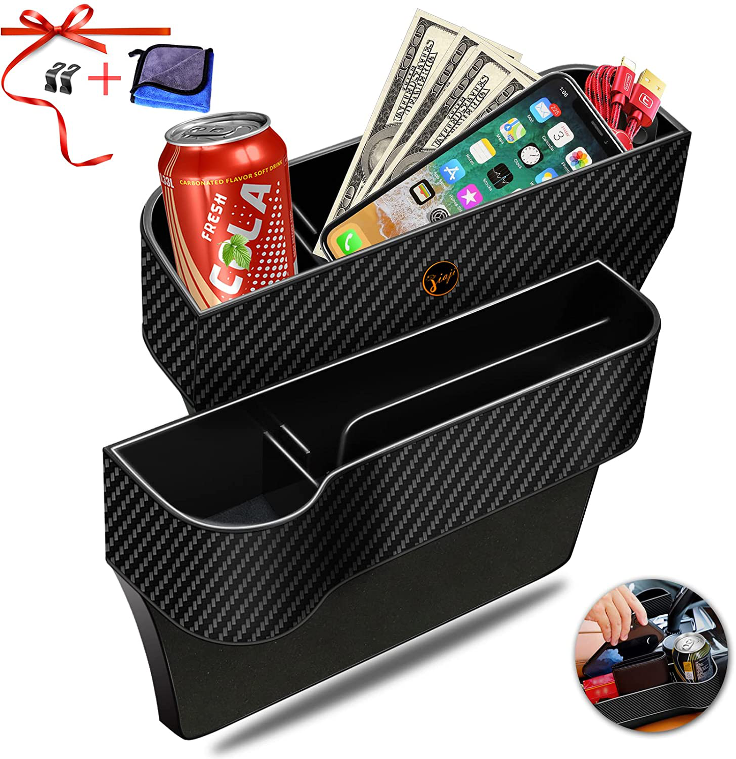 Car Seat Gap Filler Organizer, 2 Pack Multifunctional Car Seat Organizer, Auto Console Side Storage Box with Cup Holders 2 Seat Hooks for Drink, Car Organizer Front Seat for Holding Phone, Sunglasses