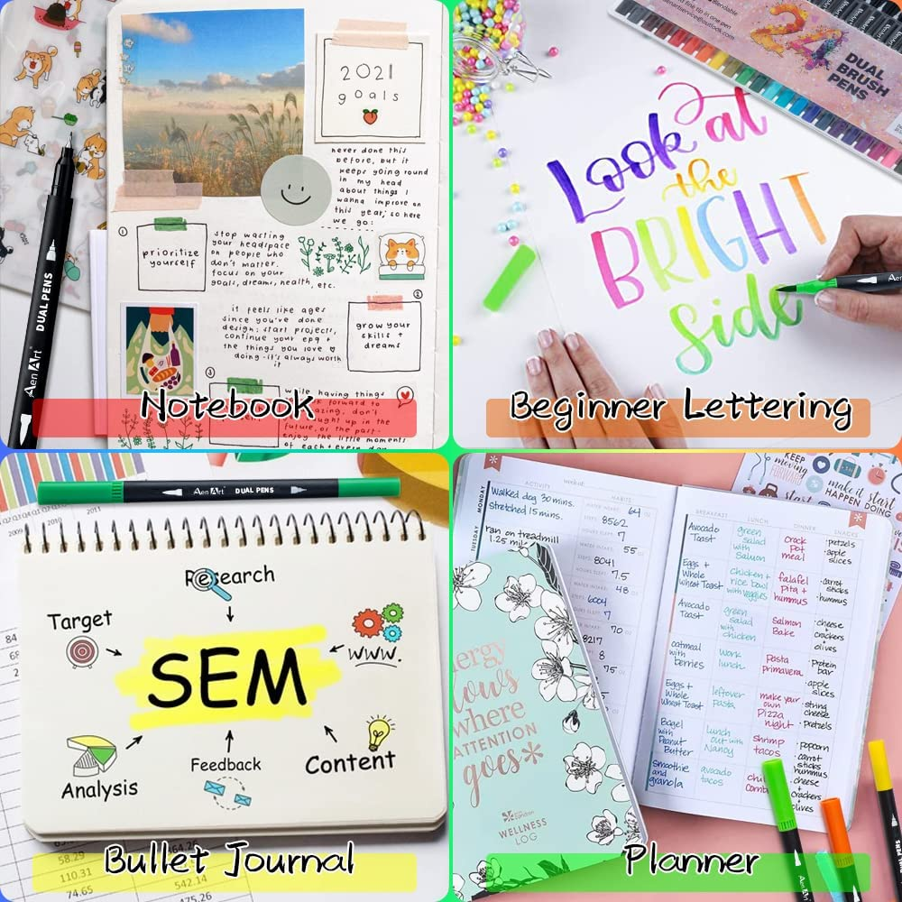 Dual Brush Markers for Adult Coloring Books, 24 Colored Marker Set for Kids - Dual Tip Art Marker Pens Fine & Brush Tip for School Office Journal, Note Taking, Drawing