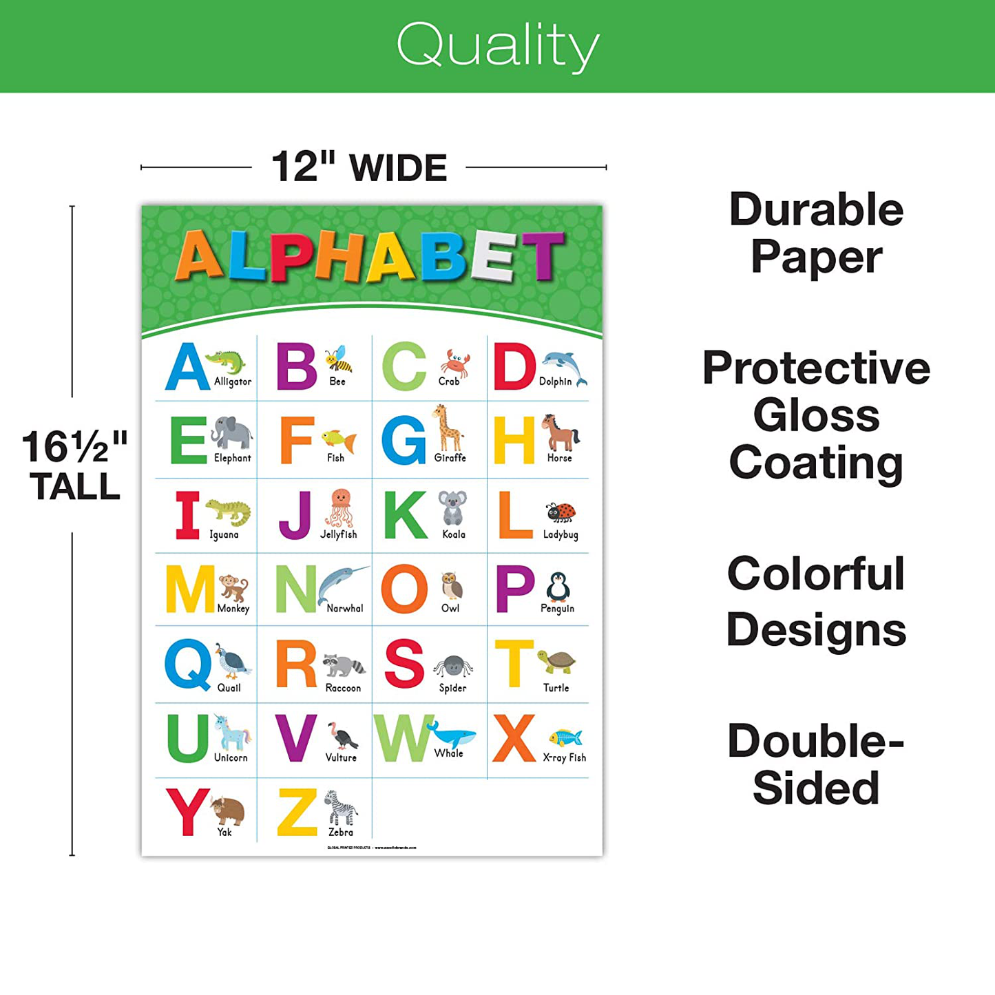 20 Large Educational Posters For Kids Toddlers (16.5x12 Double Sided English and Spanish) Includes: Alphabet Colors Letters Numbers Shapes Months Days Weather Time Animals Solar System Seasons Map