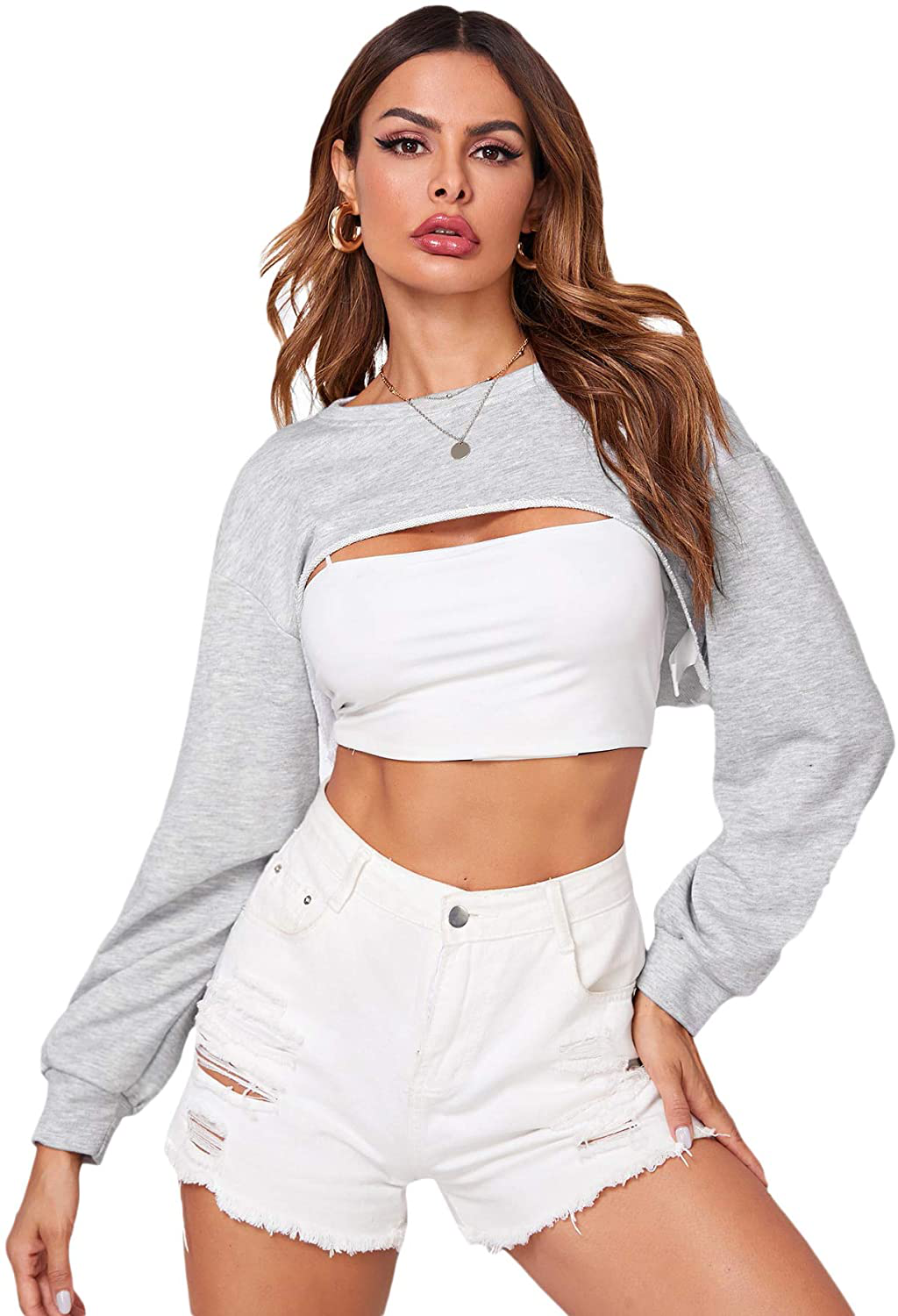 SweatyRocks Women's Casual Solid Cut Out Front Long Sleeve Pullover Crop Top Sweatshirt