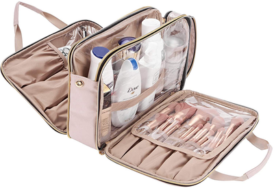 NISHEL Travel Toiletry Bag, Portable Makeup Organizer, Stand up Cosmetic Bag, Travel Cosmetic Case for Travel Sized Toiletries, Pink