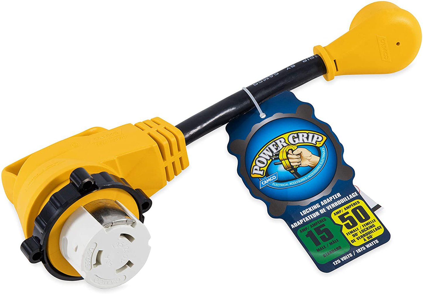 Camco (55165) Heavy Duty RV Dogbone Electrical Adapter with Innovative 180 Degree Bend Design and Easy PowerGrip Handle