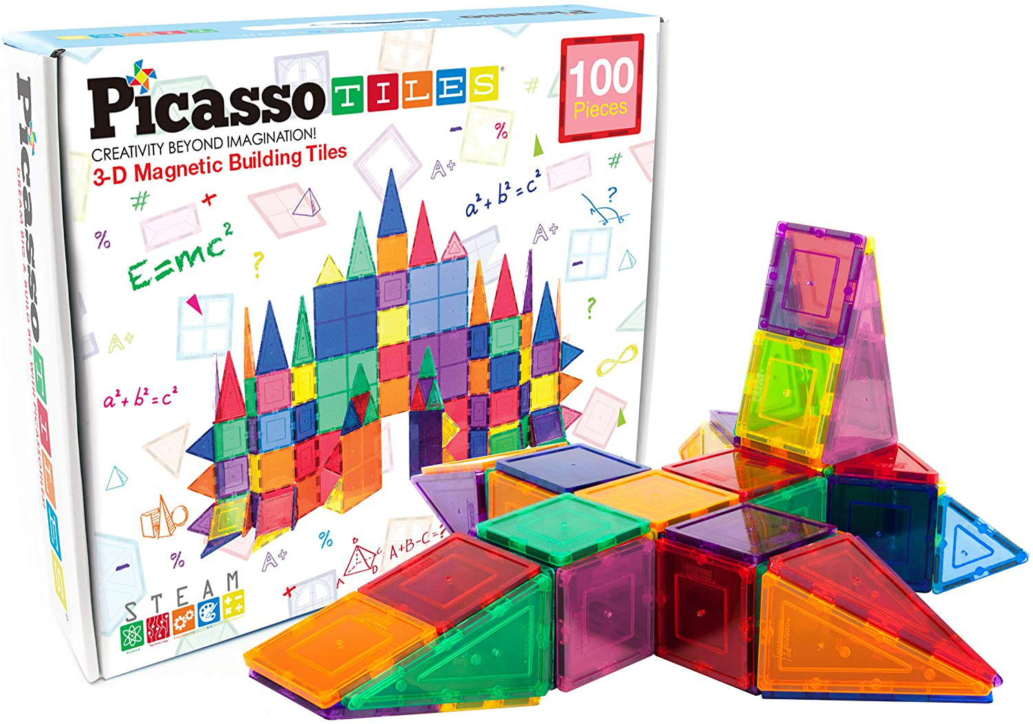 PicassoTiles 100 Piece Set 100pcs Magnet Building Tiles Clear Magnetic 3D Building Blocks Construction Playboards, Creativity beyond Imagination, Inspirational, Recreational, Educational Conventional