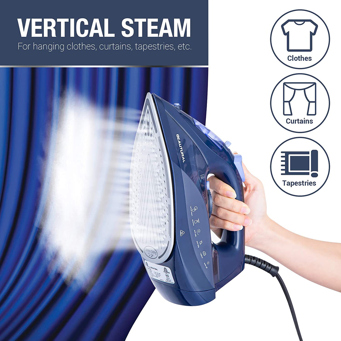 BEAUTURAL Steam Iron for Clothes with Precision Thermostat Dial, Ceramic Coated Soleplate, 3-Way Auto-Off, Self-Cleaning, Anti-Calcium, Anti-Drip