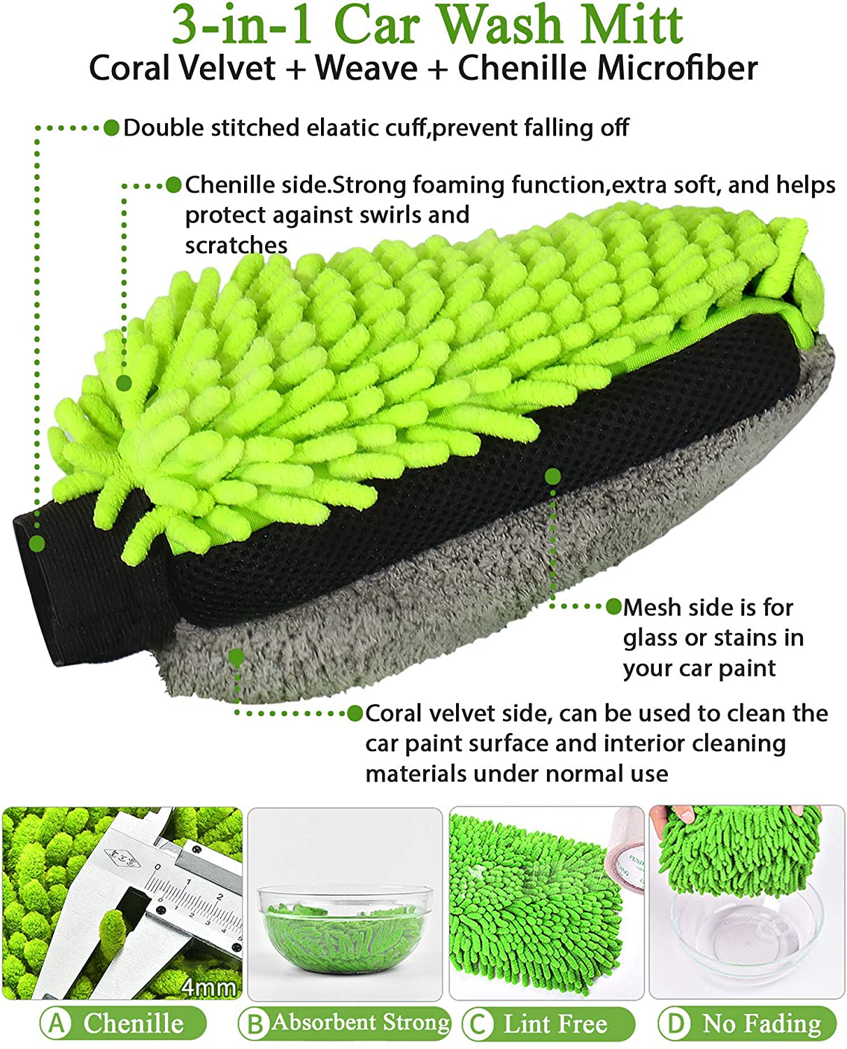 GreatCool Car Wash Collapsible Bucket with 3-in-1 Car Wash Mitt, Coral Velvet + Weave + Chenille Microfiber Glove Sponge, 10L (2.6 Gallon) Portable Folding Basin Pail for Car Household Cleaning