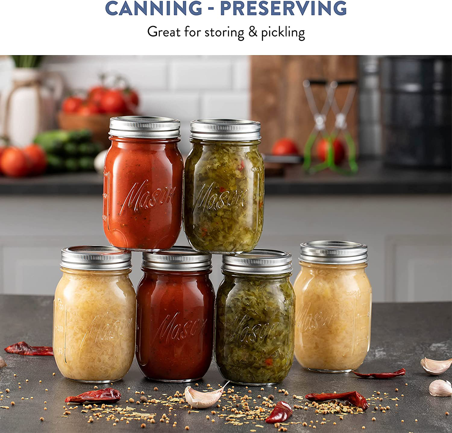 Regular-Mouth Glass Mason Jars, 16-Ounce (6-Pack) Glass Canning Jars with Silver Metal Airtight Lids and Bands with Measurement Marks, for Canning, Preserving, Meal Prep, Overnight Oats, Jam, Jelly,