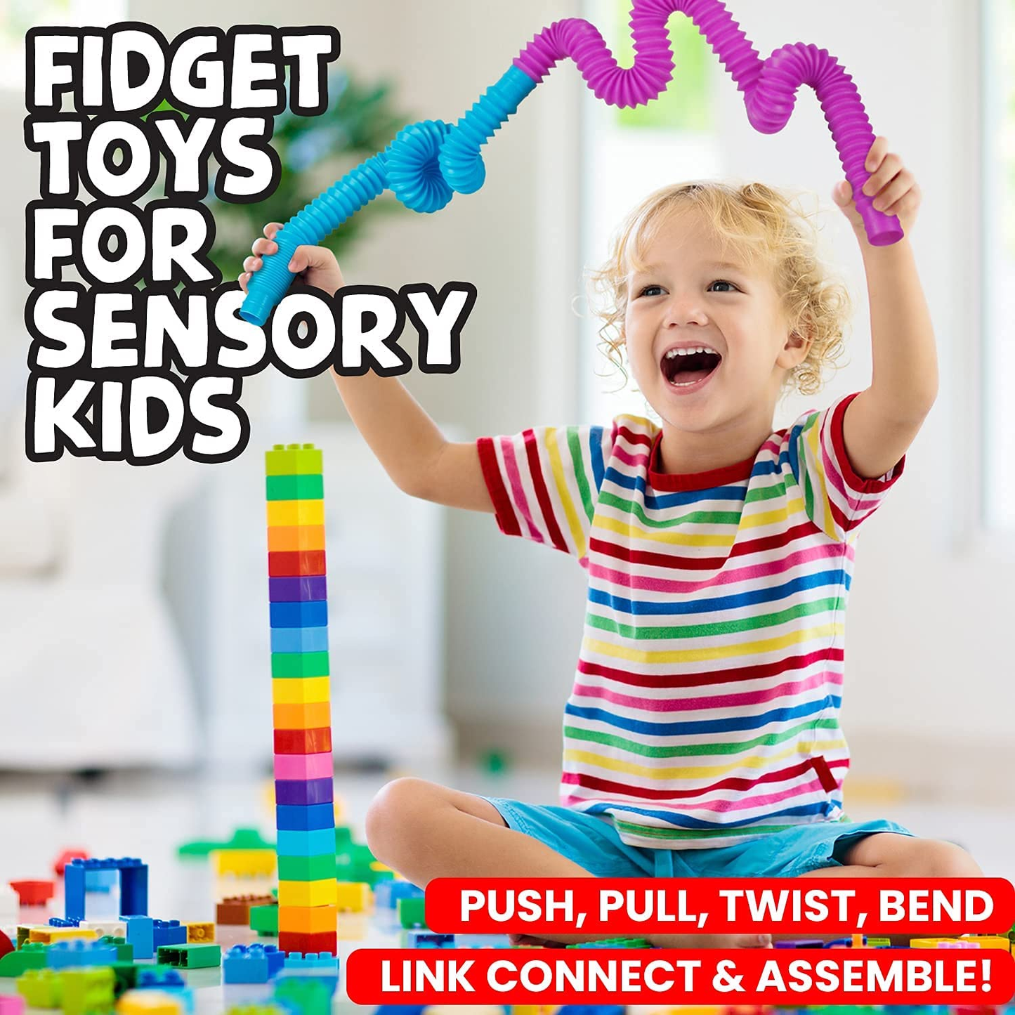 Bunmo Pop Tubes Sensory Toys, Fine Motor Skills Fidget Pack Toddler Toys, Fidget Toys for Sensory Kids and Kids Learning Toys.