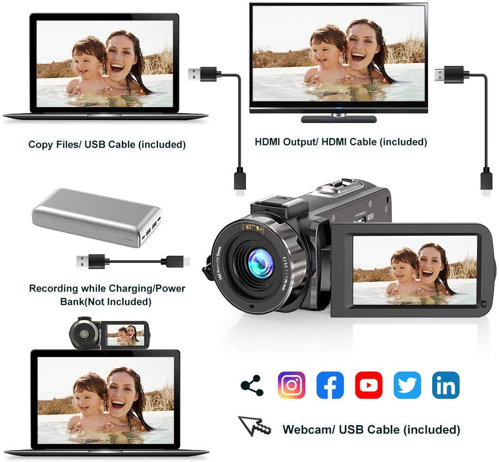 Video Camera Camcorder FHD 1080P 30FPS 36MP IR Night Vision YouTube Vlogging Camera Recorder 3.0'' 270 Degree Rotation IPS Screen 16X Digital Zoom Camcorder with Remote and 2 Batteries