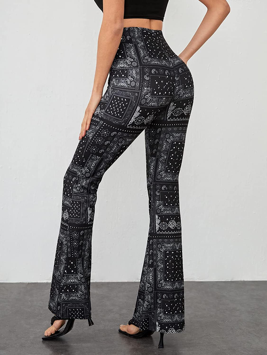 Floerns Women's Paisley Print Elastic Waist Flare Leg Workout Pants