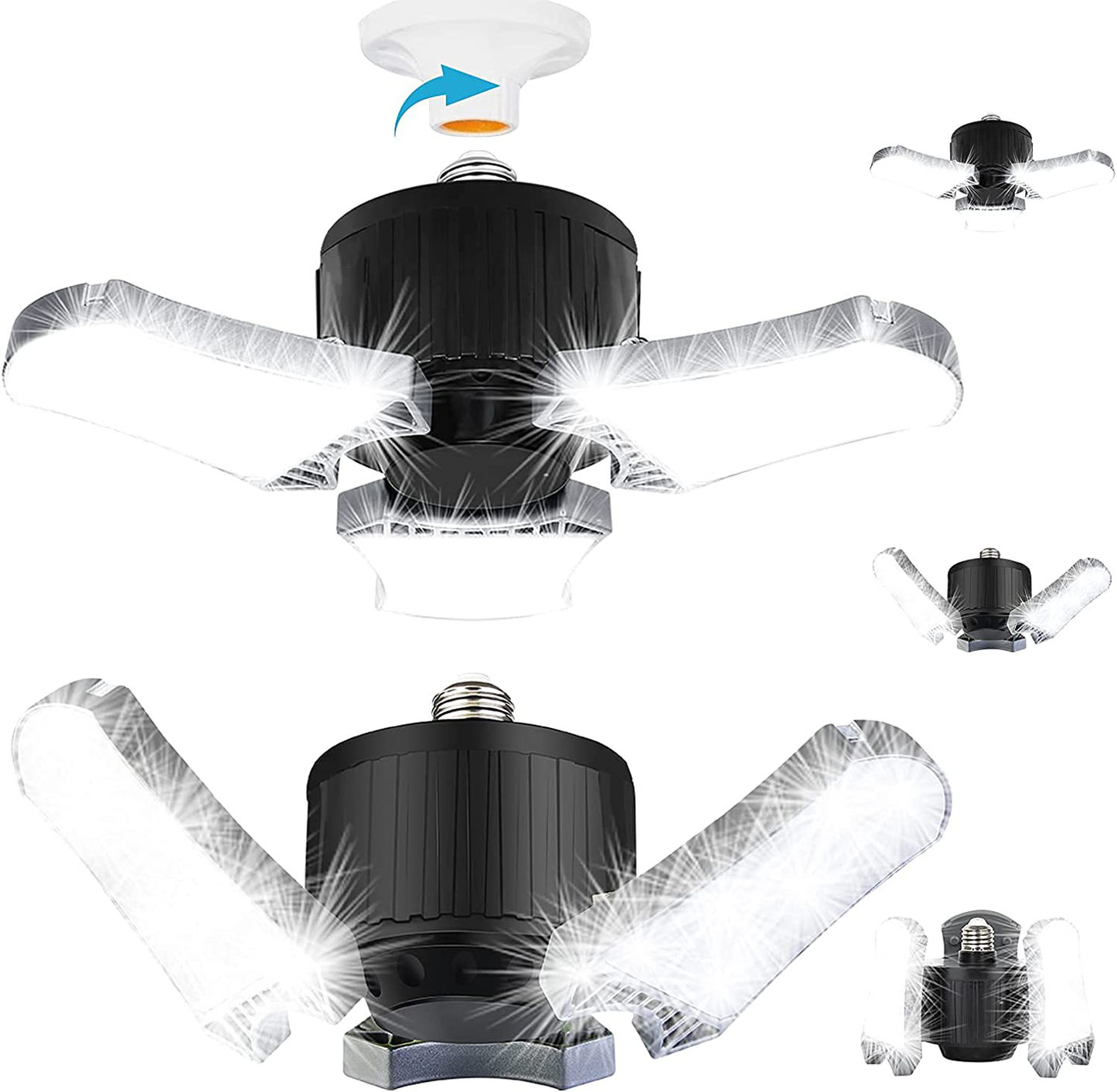2-Pack LED Garage Lights, 60W LED Shop Light 5000K 6000LM Three-Leaf Garage Ceiling Light Fixtures,Adjustable Multi-Position Panels,E26 Base,LED Glow Light for Garage, Workshop Attic and Basement