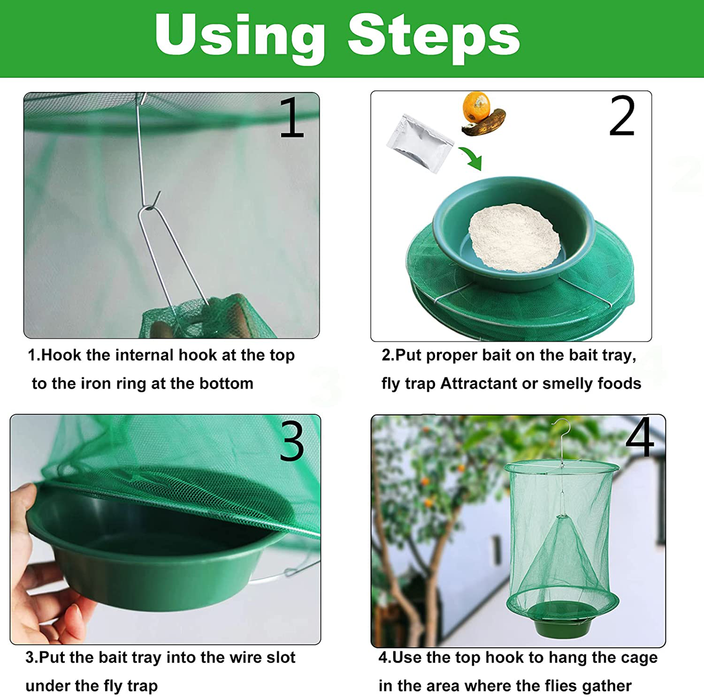 Ranch Fly Trap - Reusable Fruit Fly Trap with Bait Tray, Upgraded Flay Catcher Cage Effective Flay Bag for Indoor Outdoor Hanging Family Farms,Horse Stable,Garden,Orchard,Park,Restaurants(4 Pack