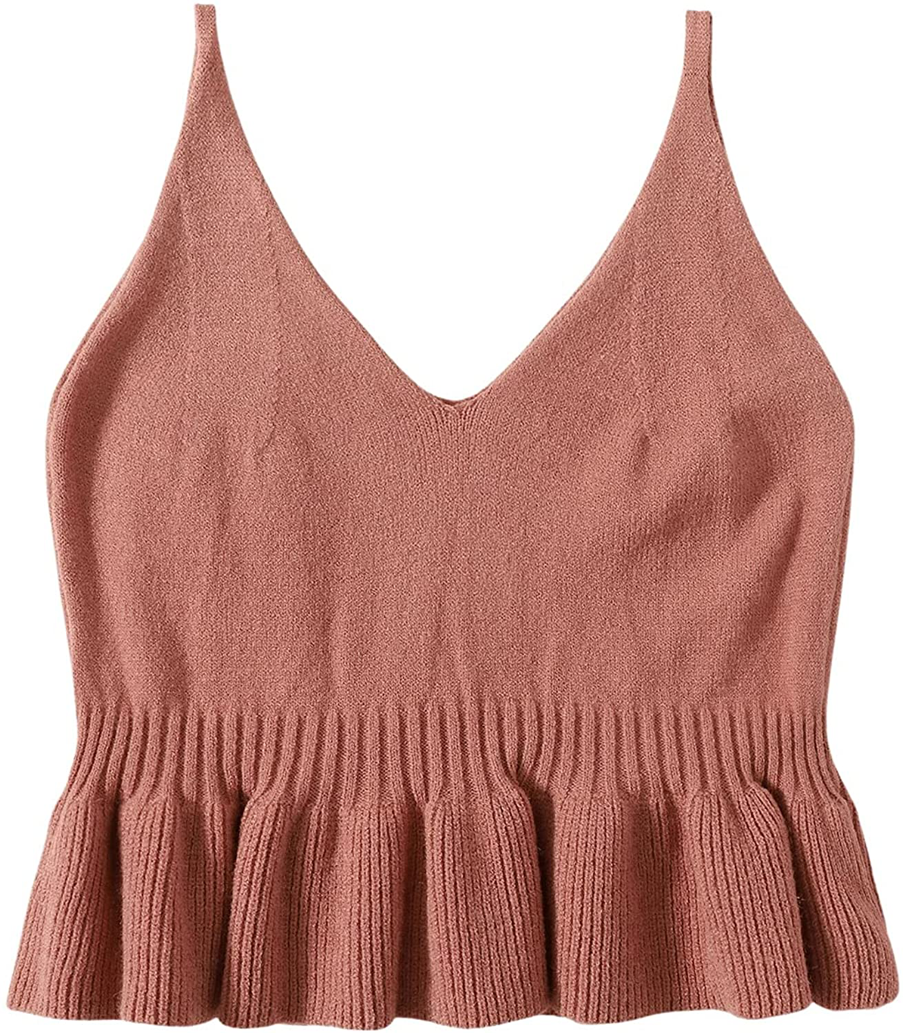 SweatyRocks Women's Casual Knit Top Sleeveless Ruffle Hem V Neck Peplum Crop Tank Top