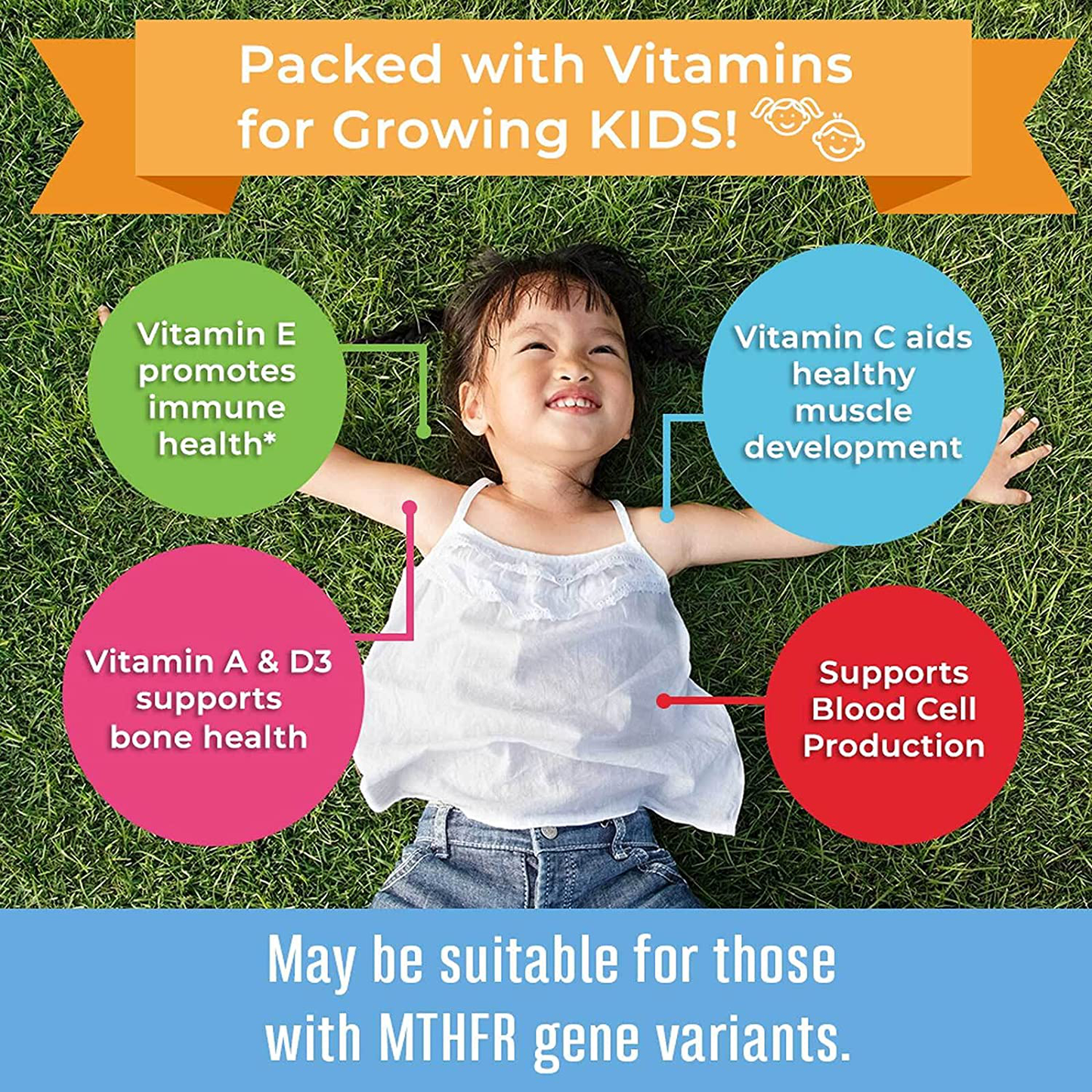 Vegan Kids Multivitamin Gummies by MaryRuth's | 2 Month Supply | Organic Ingredients for Immunity Bones Muscles | 260 mcg Methylfolate Sugar Free Non-GMO | Great Tasting Chewable Vitamins for Children