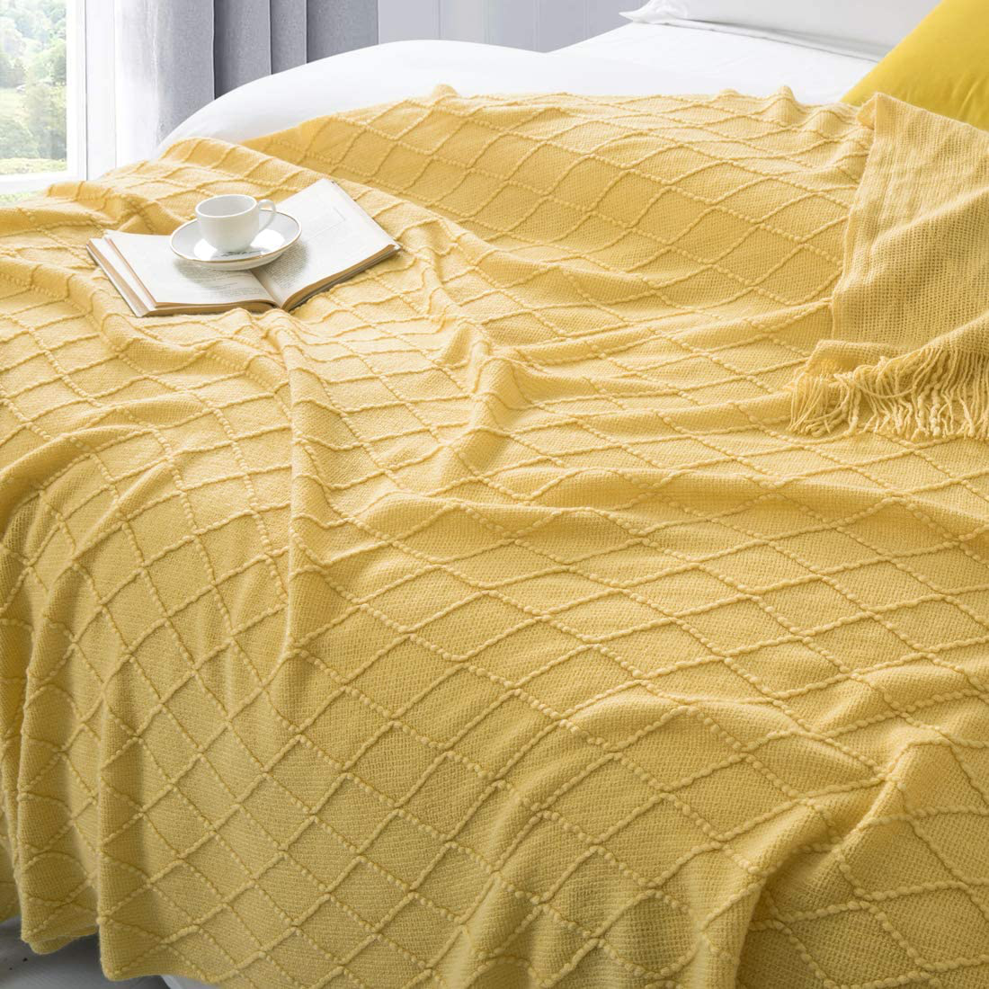 Revdomfly Mustard Yellow Throw Blanket with Fringe Decorative Farmhouse Knitted Throw Blanket for Sofa Couch Bed, 50" x 67", Yellow