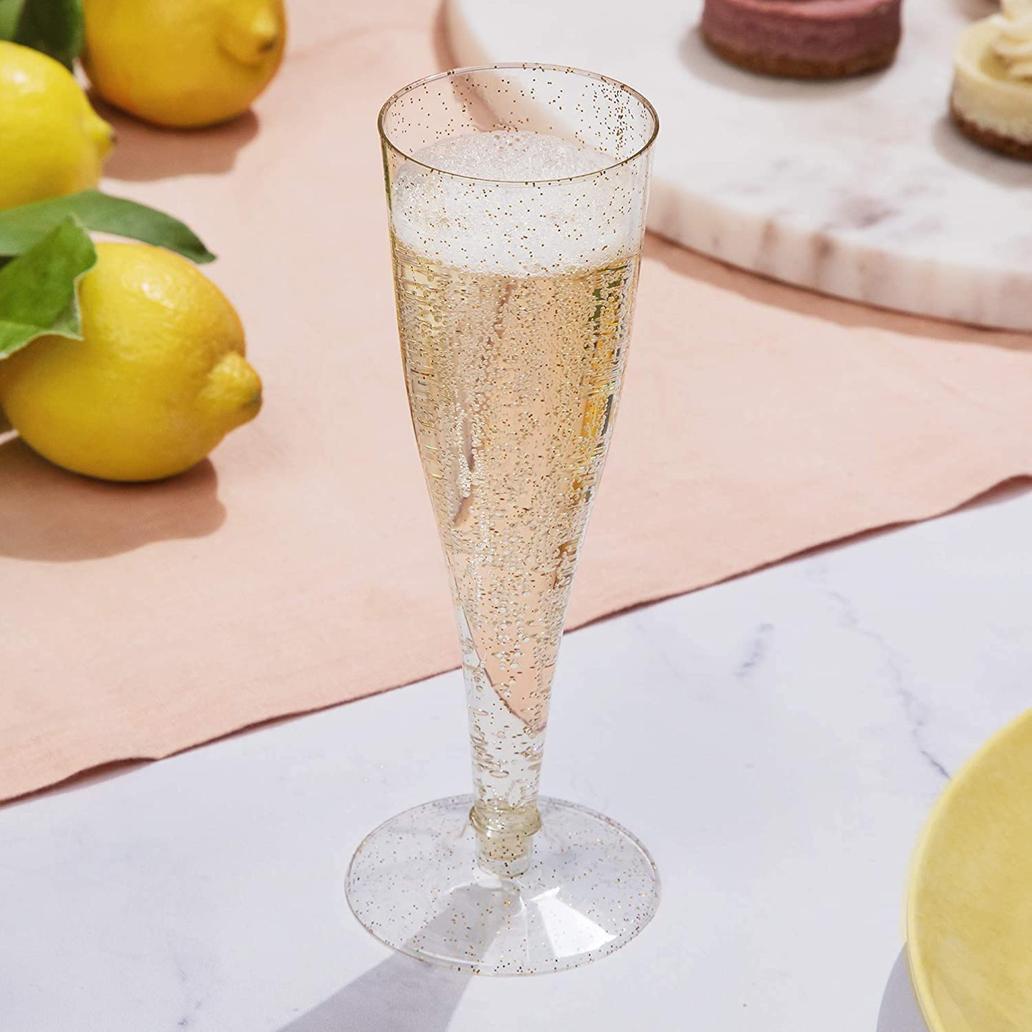 24 Plastic Champagne Flutes Disposable | Gold Glitter Plastic Champagne Glasses for Parties | Glitter Clear Plastic Cups | Plastic Toasting Glasses | Mimosa | Wedding and Shower Party Supplies