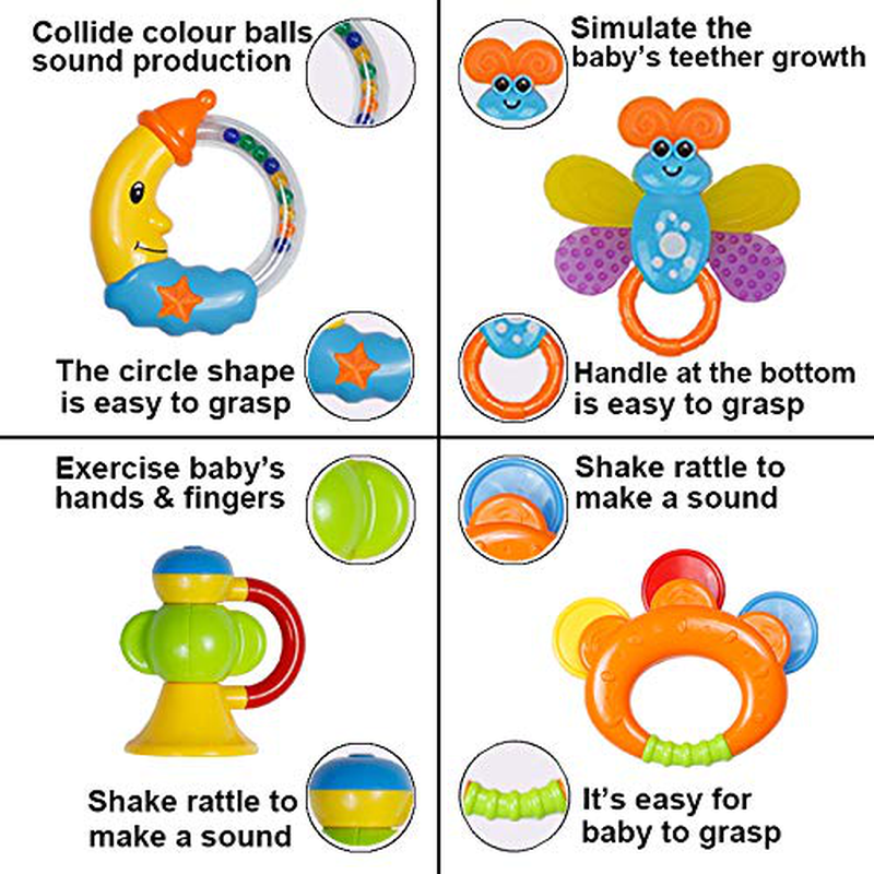 Baby Rattle Sets Teether Rattles Toys, 8pcs Babies Grab Shaker and Spin Rattle Toy Early Educational Toys with Owl Bottle Gifts Set for 0, 3, 6, 9, 12 Month Newborn Infant Baby, Boy, Girl