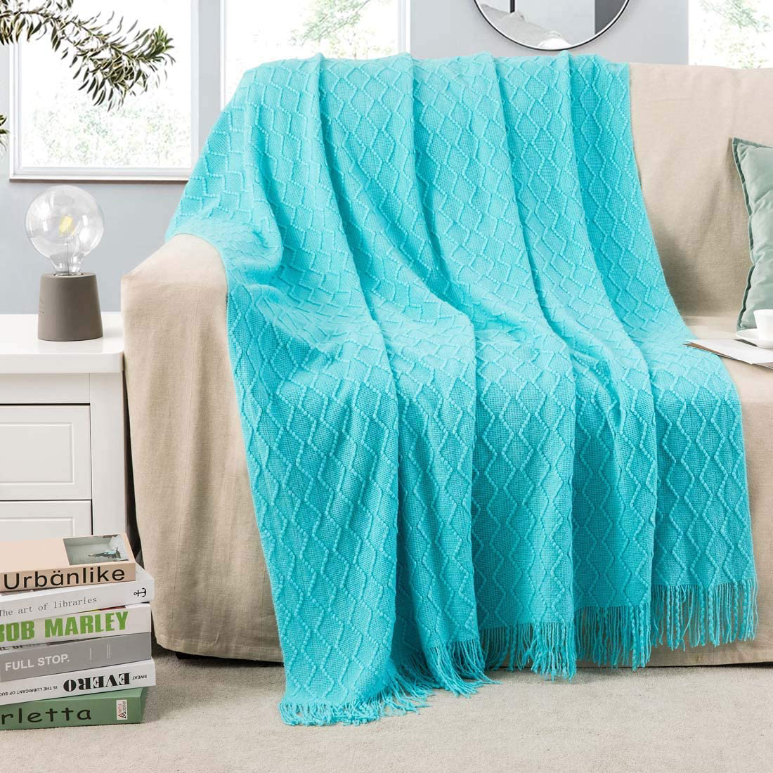 Revdomfly Mustard Yellow Throw Blanket with Fringe Decorative Farmhouse Knitted Throw Blanket for Sofa Couch Bed, 50" x 67", Yellow