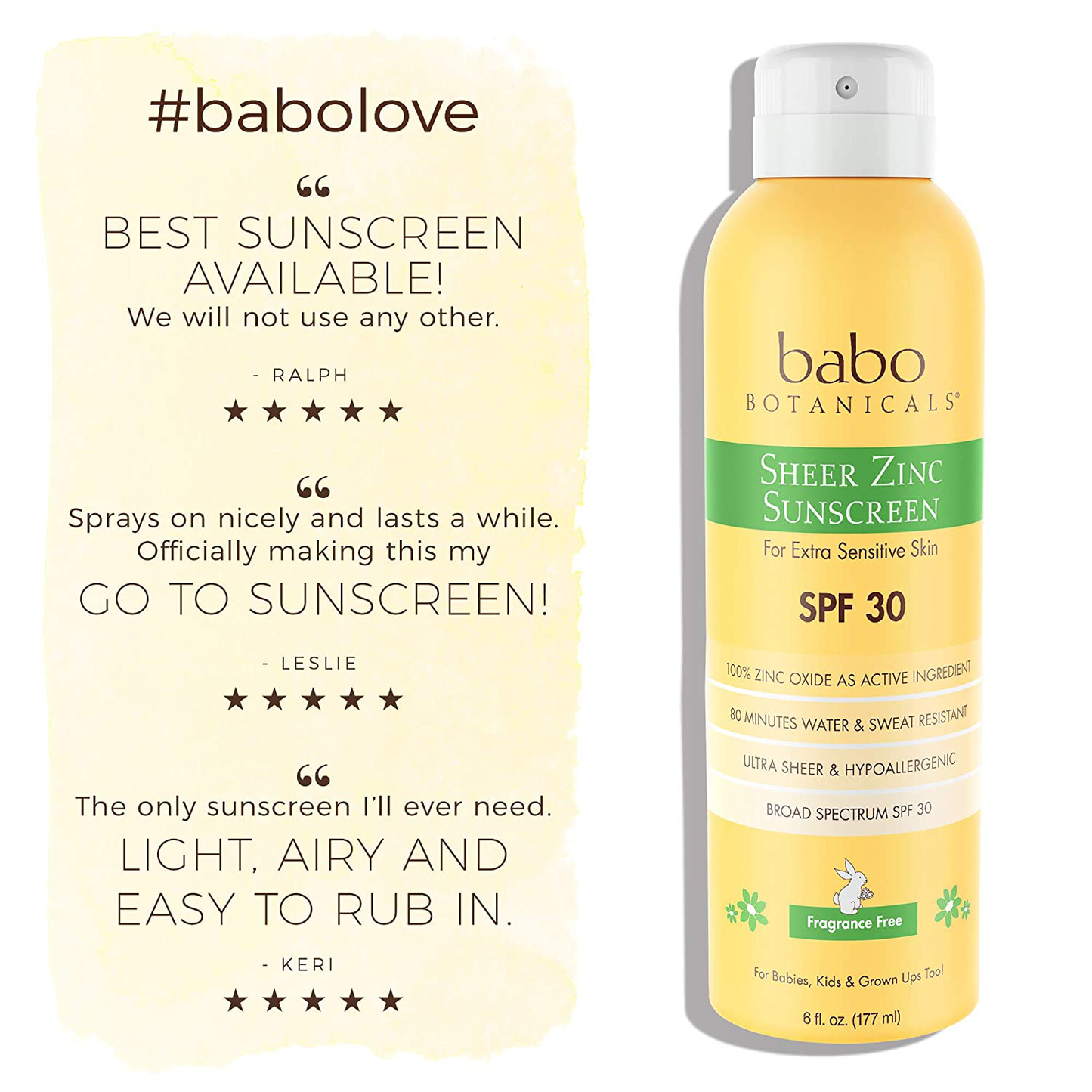 Babo Botanicals Sheer Zinc Continuous Spray Sunscreen SPF 30 with 100% Mineral Active, Non-Nano, Water-Resistant, Reef-Friendly, Fragrance-Free, Vegan, for Babies, Kids or Sensitive Skin - 6 oz.