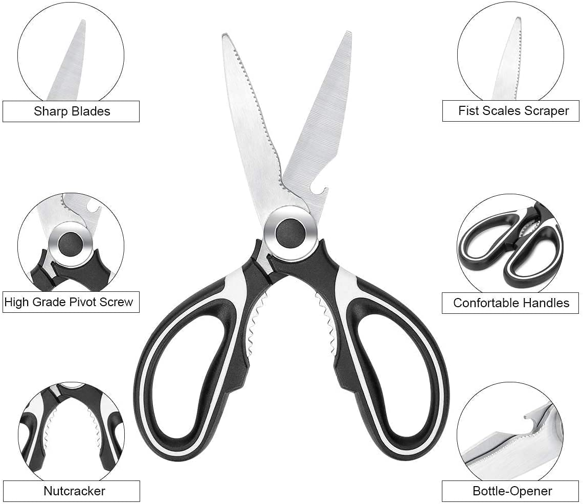 Kitchen Shears Multi Purpose Strong Stainless Steel Kitchen Utility Scissors with Cover Poulry,Fish, Meat, Vegetables Herbs, Bones, Dishwasher Safe (Black)