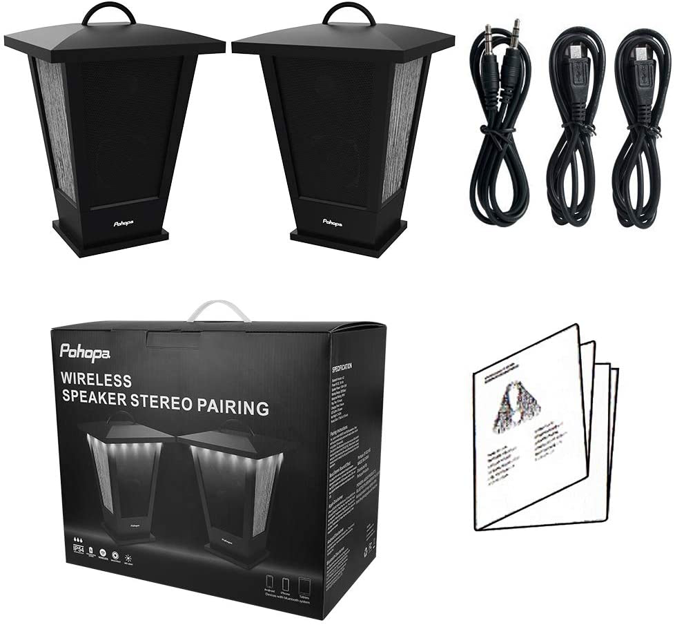 Bluetooth Speakers Waterproof, Pohopa 2 Packs True Wireless Stereo Sound 20W Speakers Dual Pairing Lantern Indoor Outdoor Speakers with 20 Piece LED Lights, Rich Bass, Pinao Black