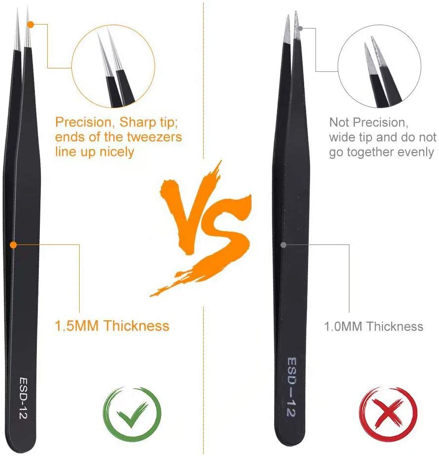6PCS Precision Tweezers Set, Upgraded Anti-Static Stainless Steel Curved of Tweezers, for Electronics, Laboratory Work, Jewelry-Making, Craft, Soldering, etc, by KAVERME.
