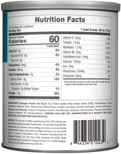 Designer Wellness, Designer Lite, Low Calorie Natural Protein, Prebiotic Fiber, Key Vitamins & Minerals,Chocolate Cookies & Cream, 9.03 Ounces