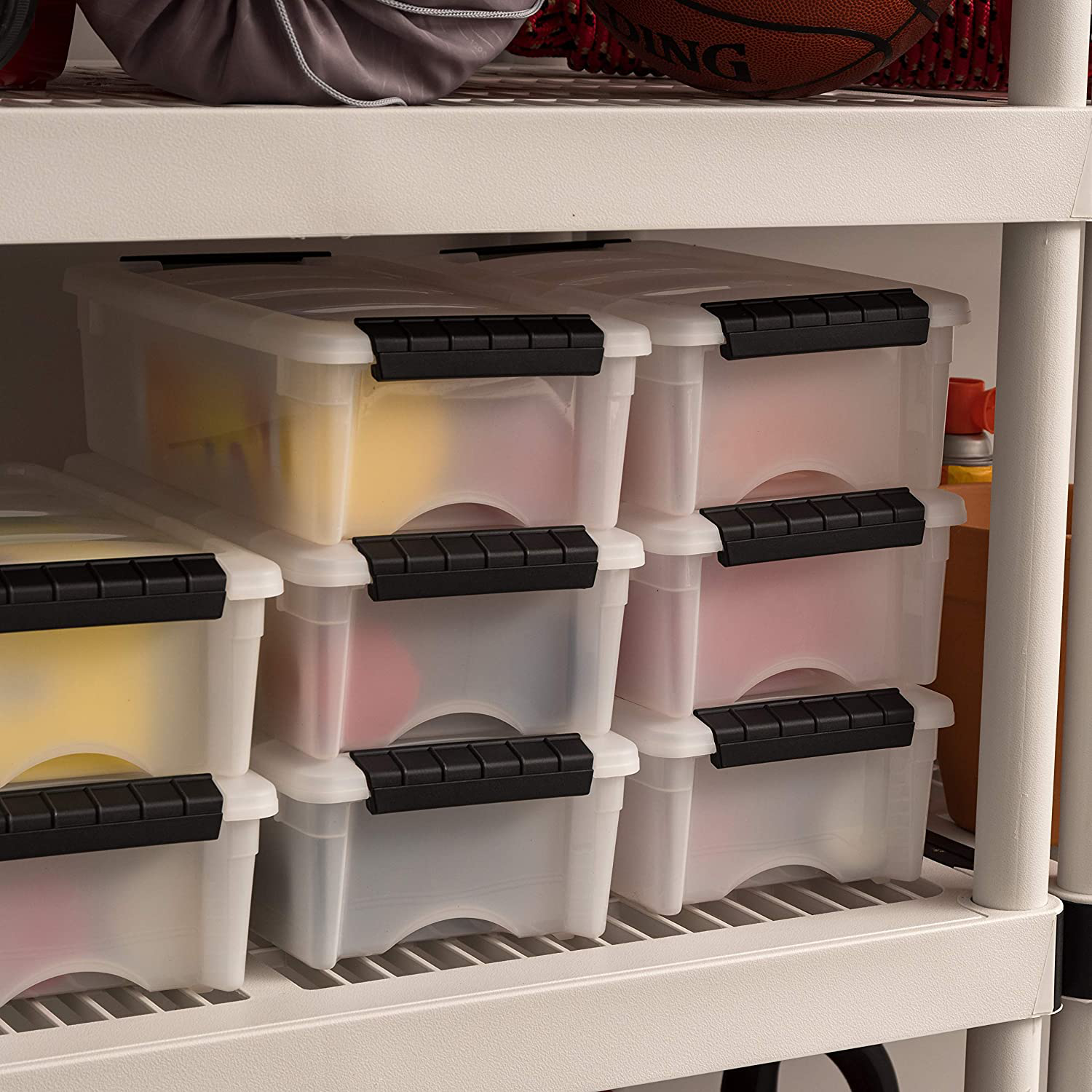 IRIS USA TB Pearl Plastic Storage Bin Tote Organizing Container with Durable Lid and Secure Latching Buckles, 19 Qt, 6 Count