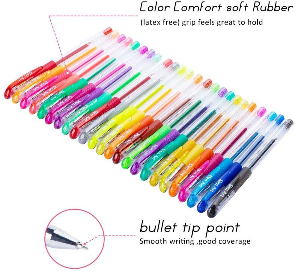 Glitter Gel Pens Colored Fine Tip Markers with 40% More Ink for Adult Coloring Books, Drawing and Doodling (24 Colors)