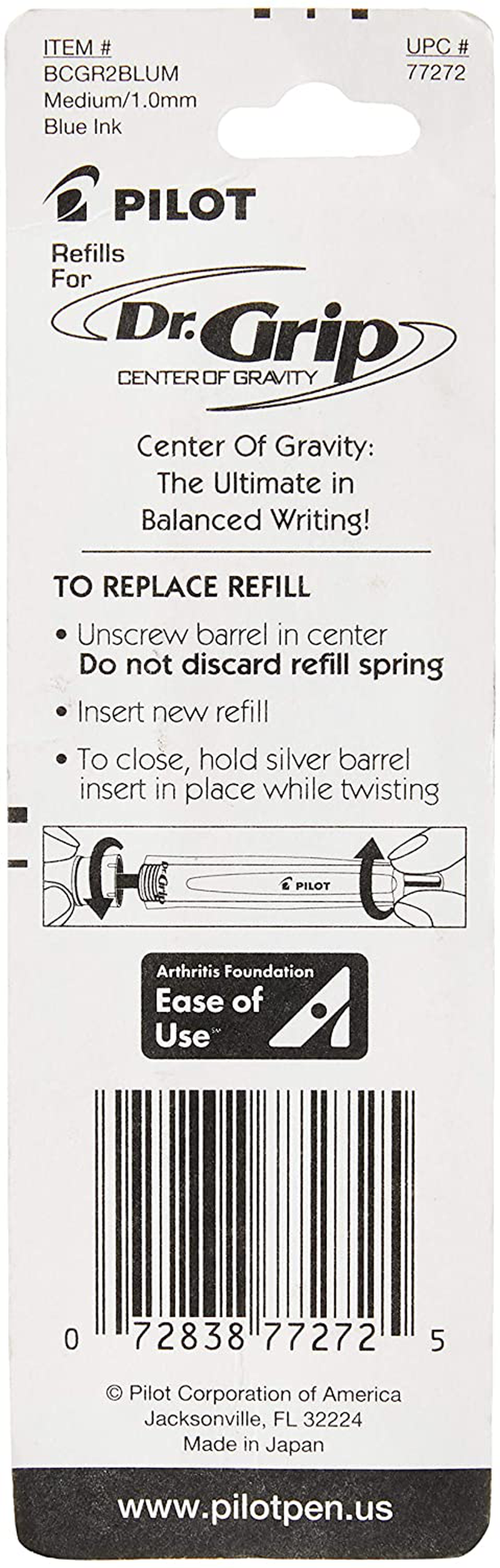 PILOT Dr. Grip Center of Gravity Ballpoint Ink Refill, Medium Point, Blue Ink, 2-Pack (77272)