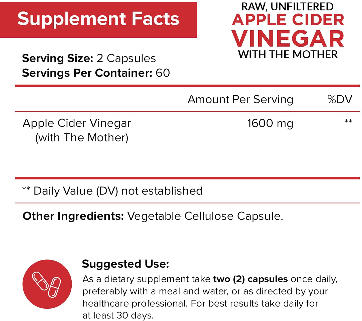 Apple Cider Vinegar Capsules with Mother 1600Mg - 120 Vegan ACV Pills - Best Supplement for Healthy Weight Loss, Diet, Keto, Digestion, Detox, Immune - Powerful Cleanser & Appetite Suppressant Non-Gmo