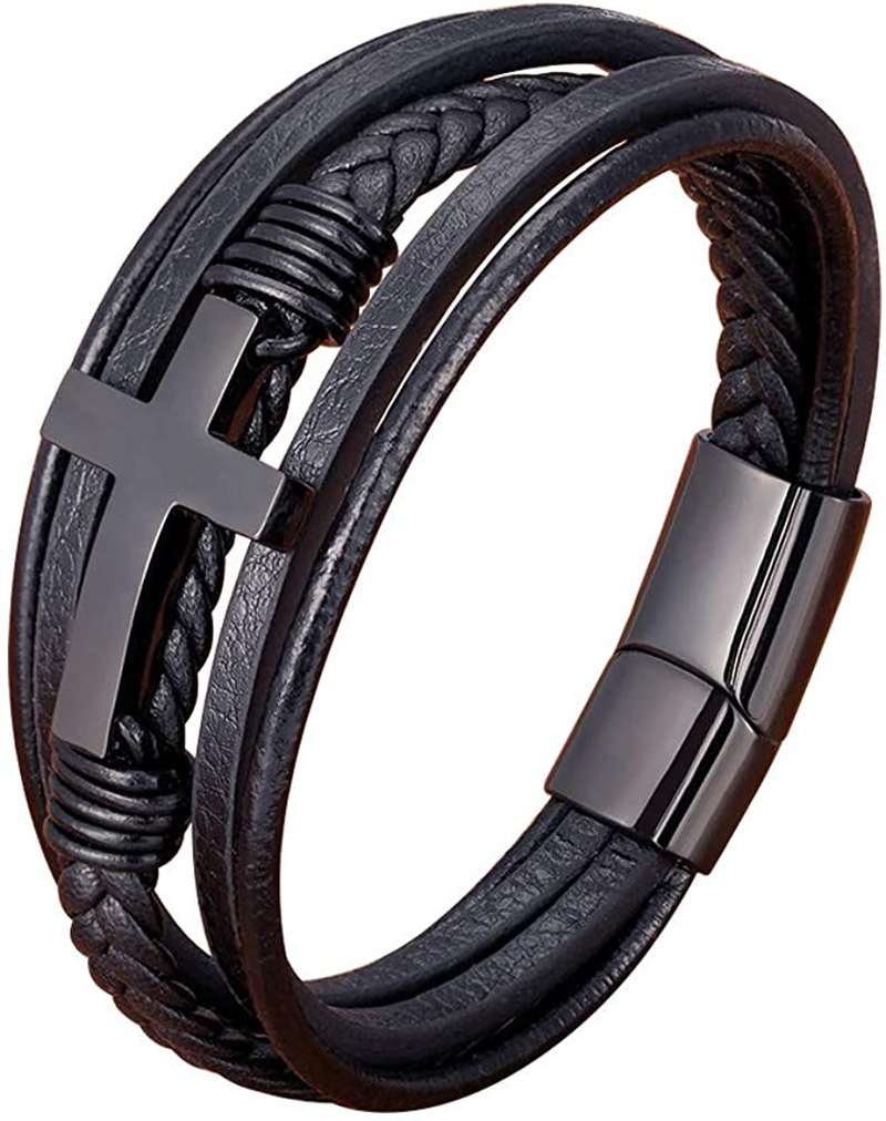 Multi-Layer Braided Leather Bracelets with Magnetic Clasp Mens Cuff Bracelets for Men Genuine Leather Bracelet Christian Leather Bracelet Cross Religious Leather Bracelets