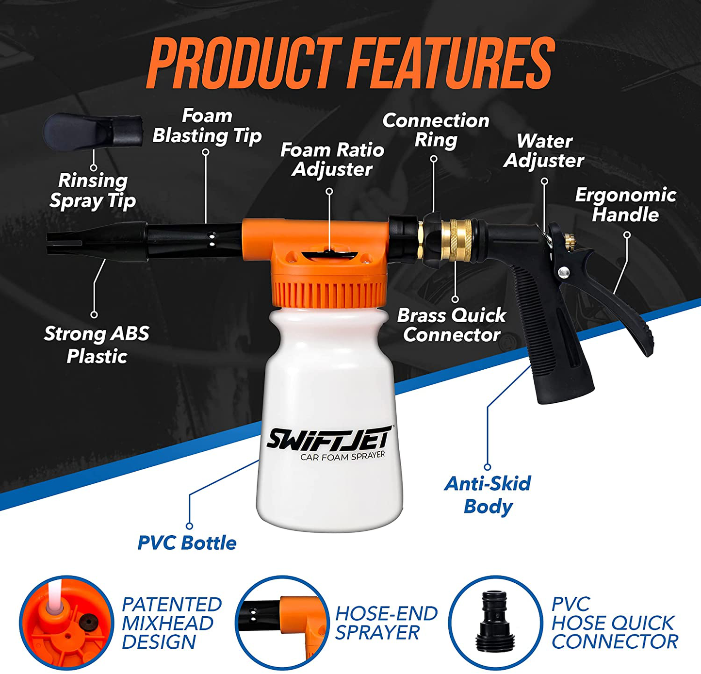 SwiftJet Car Wash Foam Gun Sprayer with Microfiber Wash Mit - Adjustable Water Pressure & Soap Ratio Dial - Foam Cannon Attaches to Any Garden Hose (Foam Sprayer with Wash Mit)