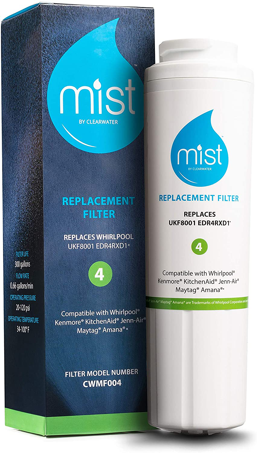 Mist UKF8001 Replacement For Whirlpool Maytag, 4396395, EDR4RXD1, Pur Filter 4, Kenmore 46-9005, Refrigerator Water Filter