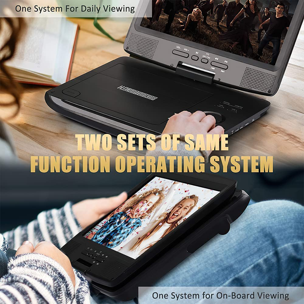 HDJUNTUNKOR Portable DVD Player 12.5" with 10.1" HD Swivel Display Screen, 5 Hour Rechargeable Battery, Support CD/DVD/SD Card/USB, Car Headrest Case, Car Charger, Unique Extra Button Design
