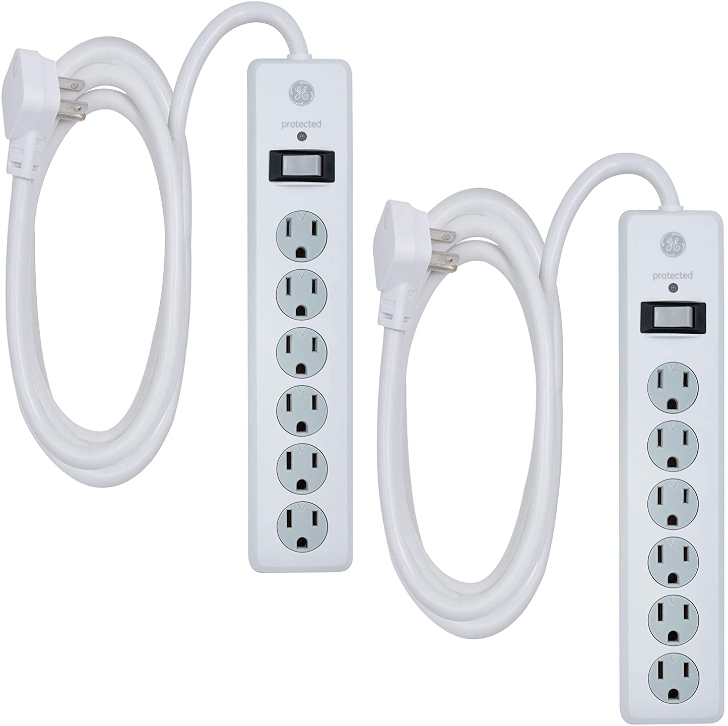 GE 6 Outlet Surge Protector, 10 Ft Extension Cord, Power Strip, 800 Joules, Flat Plug, Twist-to-Close Safety Covers, White, 14092