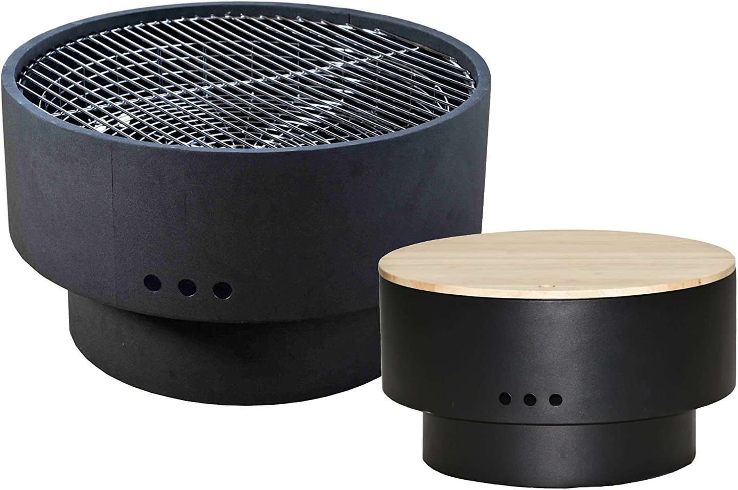 Fire Sense Solid Base Revolver Steel Fire Pit and Hardwood Table Top | Wood Burning | Non Stick Cooking Steel Grill Rack and Protective Internal Fire Cage Included | Lightweight Portable Patio